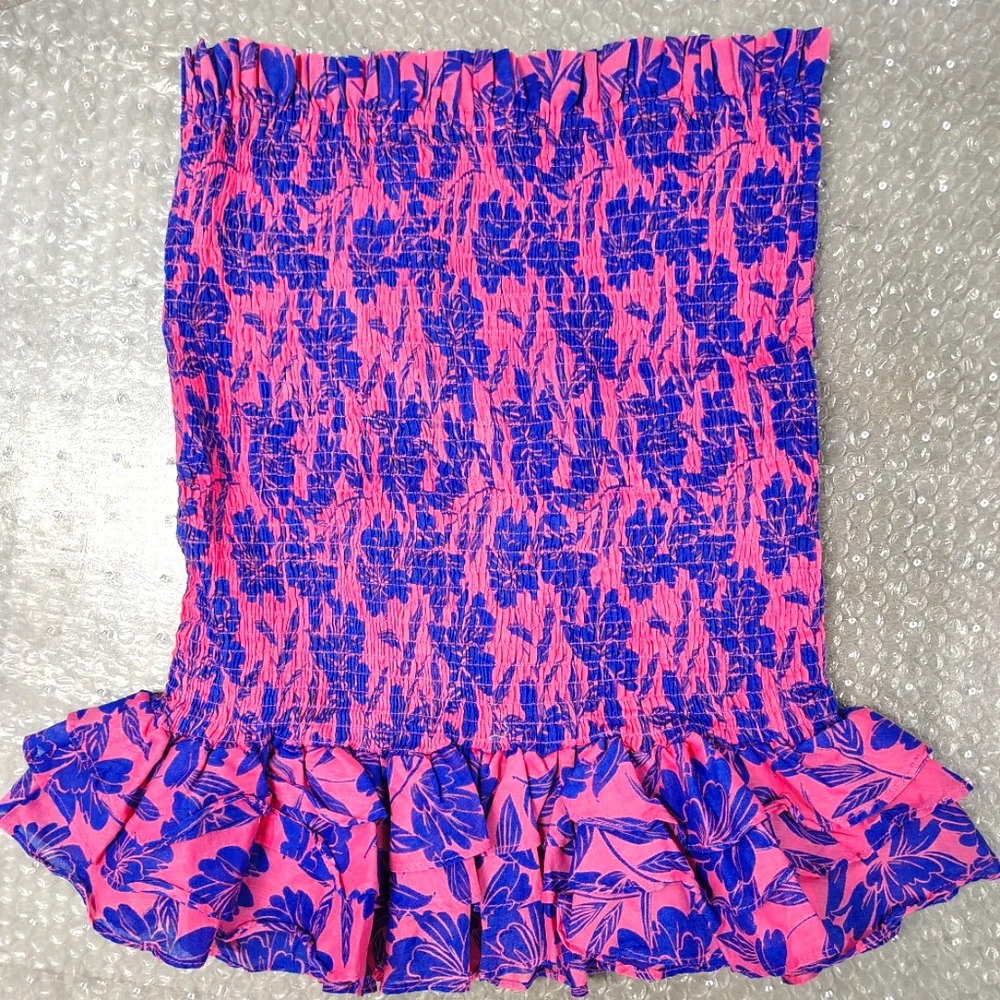 Anthropologie Impeccable Pig, Smocked Pink FLIRTY RUFFLE MINI SKIRT WOMEN'S sz M